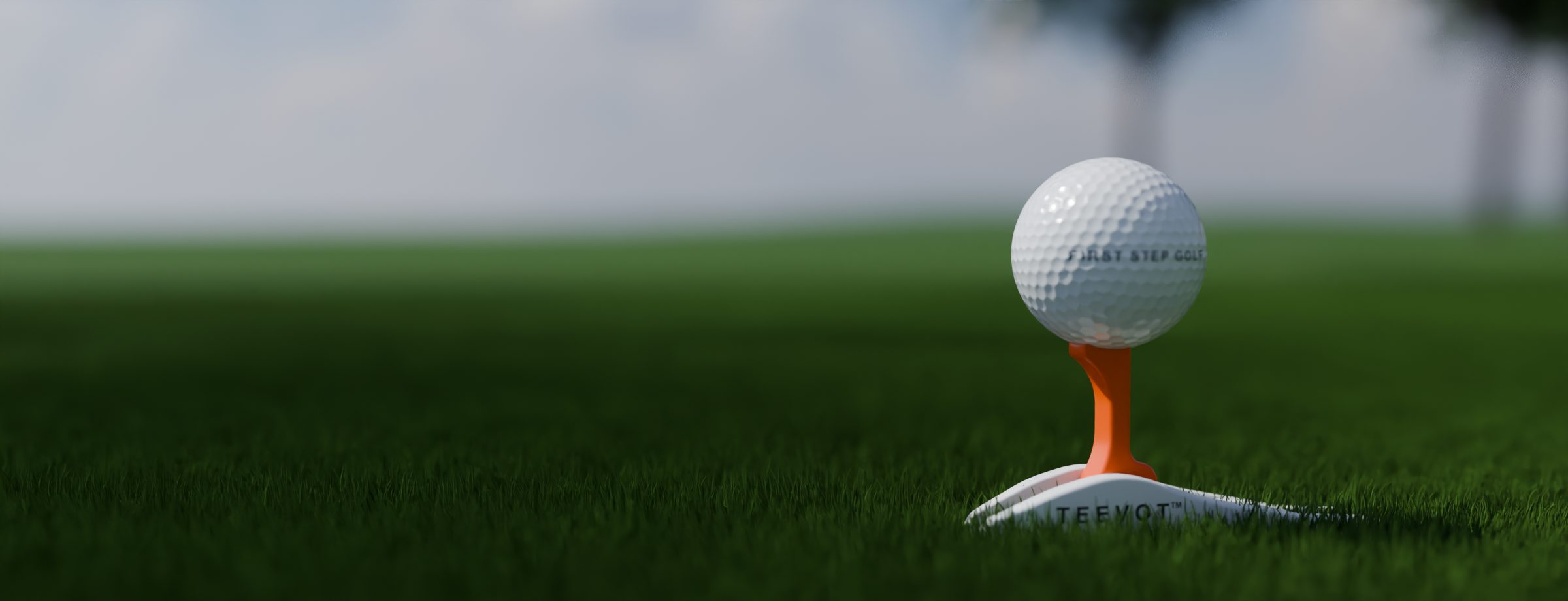 TEEVOT with a ball on the tee, low on the turf of a tree-lined fairway
