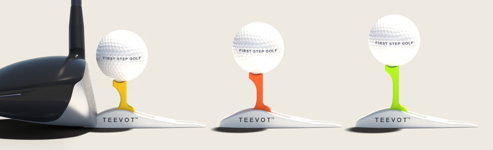 Three TEEVOTs with tee heights of 1.5, 1.75 and 2.0 inches (38, 44 and 51 mm) measured from the ground, next to a driver whose crown sits 2.33 inches (59 mm) above the ground: about 49, 64 and 79 percent of the ball sits above the crown